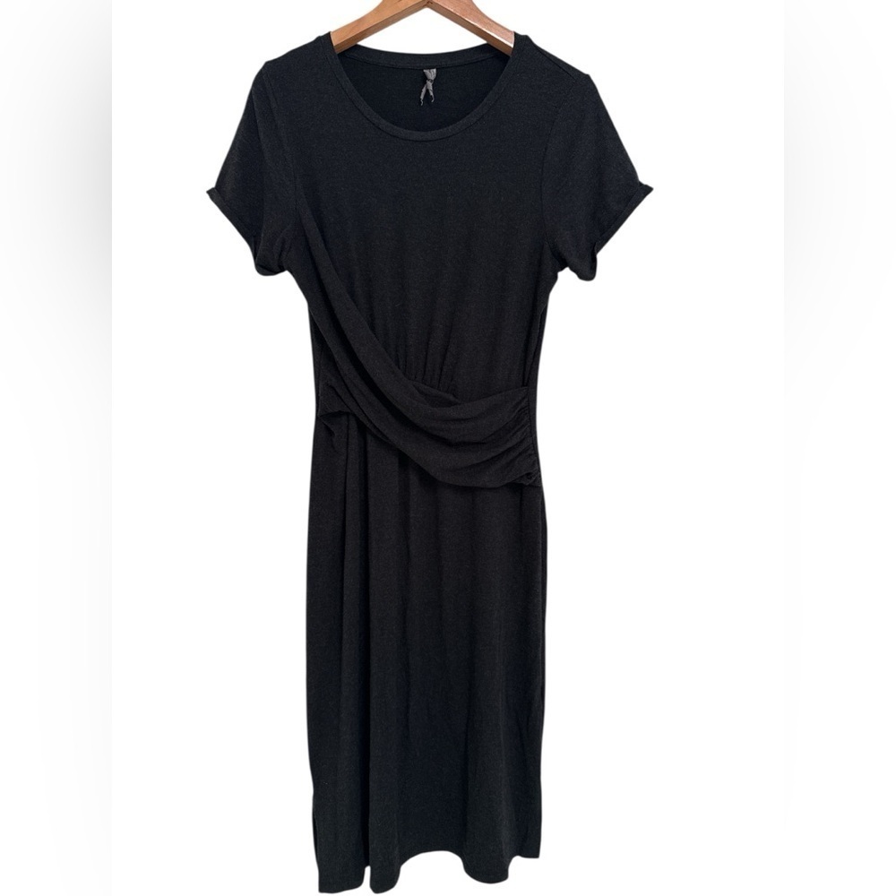 Anthropologie Draped Shirt Sleeve Charcoal Black Midi Dress
